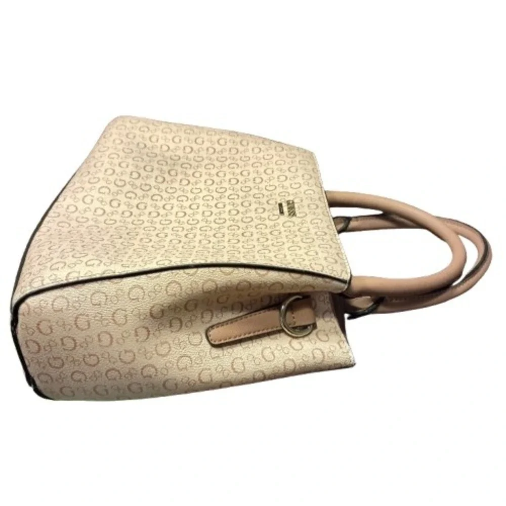 Guess Logo Print Satchel Handbag Beige Tan Convertible Strap‎ Top Handle Bag